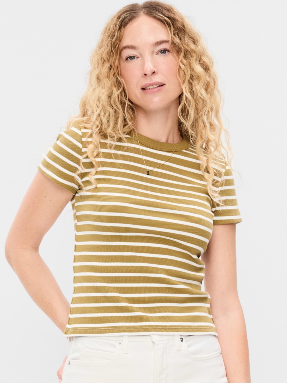Old Navy Snug Fit Crew Neck Ribbed Tee NWT Size Large Tan Striped Short Sleeve